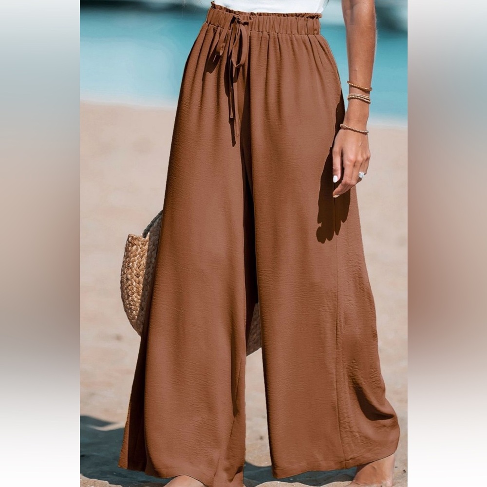 CUPSHE NWT Women's Summer Lovin Drawstring Wide-Leg Pants- Brown SZE LARGE